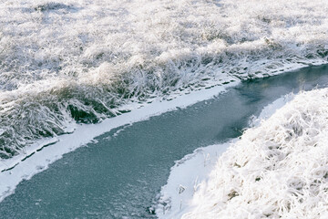 Vindfloelva River passing through the Vindflomyrene Wetland Reserve of the Totenåsen Hills, Norway, November 2025.