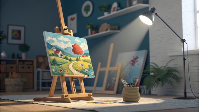 A vibrant painting on an easel in an art studio