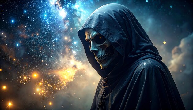 Grim reaper figure in a hooded cloak with a cosmic galaxy background, glowing eyes and skeletal face - Powered by Adobe