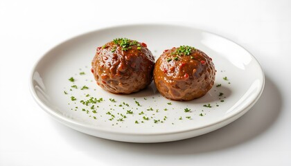 2 meatball. “Two Meatballs on White Plate with Herbs”
