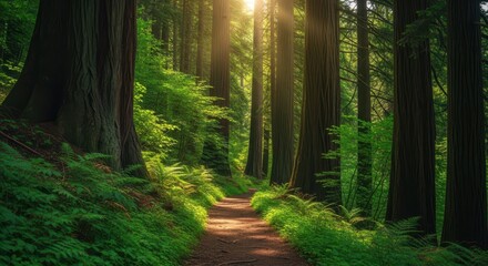 Sunlit path through a lush green forest