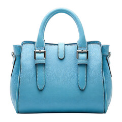 Blue leather handbag with straps and handles, stylish women&rsquo;s fashion purse isolated on transparent background
