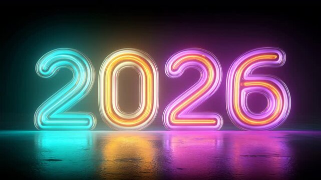 夕映えの海に浮かぶネオン風のデュオトーン「2026」を発光表現