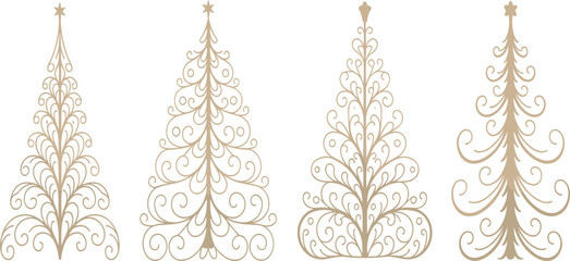 Set of four ornate stylized Christmas trees, elegant holiday decoration, winter swirls design, festive gold vector illustration elements