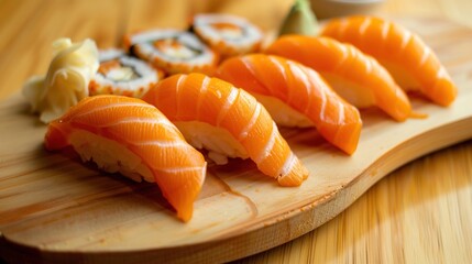 Japanese Sushi Collection: Assorted Sushi Platters with Nigiri, Maki, Sashimi, and Salmon Varieties for Japanese Cuisine, Culinary, and Dining Inspiration
