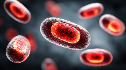 Close-up digital illustration of microscopic oval-shaped viruses or bacteria with textured outer membranes and glowing red inner cores floating in dark blurred background