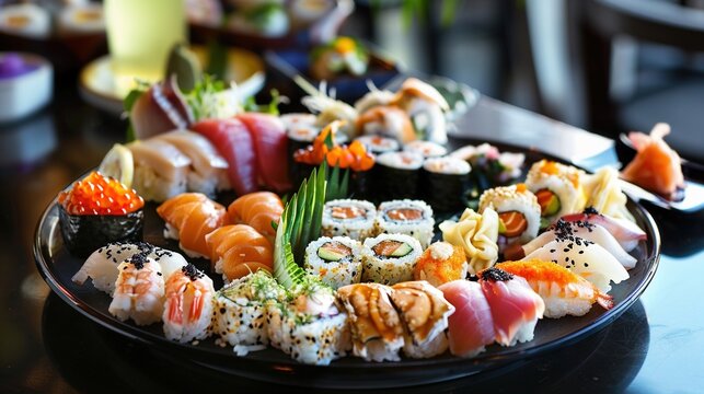 Japanese Sushi Collection: Assorted Sushi Platters with Nigiri, Maki, Sashimi, and Salmon Varieties for Japanese Cuisine, Culinary, and Dining Inspiration