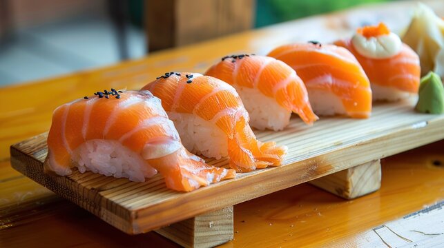 Japanese Sushi Collection: Assorted Sushi Platters with Nigiri, Maki, Sashimi, and Salmon Varieties for Japanese Cuisine, Culinary, and Dining Inspiration