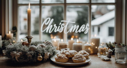 Cozy Christmas morning scene with candles and sweets by the window, perfect for festive holiday cheer