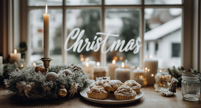 Cozy Christmas morning scene with candles and sweets by the window, perfect for festive holiday cheer