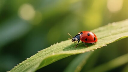 Fototapeta premium A ladybug perches on a green leaf, presenting a lively insect form and fresh natural aesthetics.