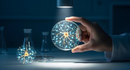Neural network digital interface, Neuron cell study in petri dish, laboratory research concept, ne
