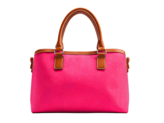 Pink tote handbag with brown handles, stylish women’s fashion bag isolated on transparent background