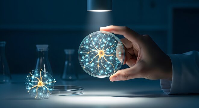 Neural network digital interface, Neuron cell study in petri dish, laboratory research concept, ne - Powered by Adobe