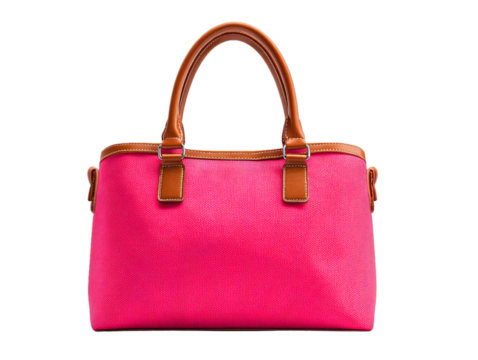 Pink tote handbag with brown handles, stylish women’s fashion bag isolated on transparent background