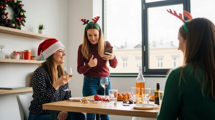 Workplace holiday decorations christmas new year women friends celebration office coworkers wearing reindeer headbands and Santa hat enjoying festive drinks snacks taking selfies smiling bright - Powered by Adobe