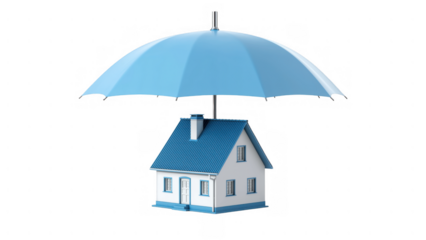 House with blue umbrella: insurance symbol, created with AI, PNG