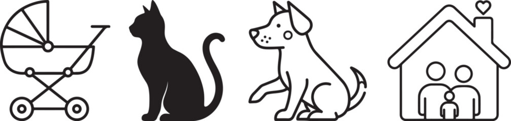 Monochromatic Silhouette and Line Icons for Family and Animals
