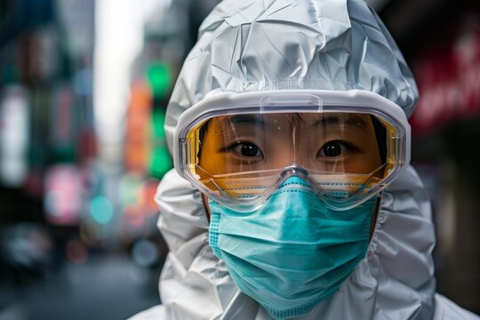 Healthcare professional wearing hazmat suit and protective goggles is working during covid 19 pandemic