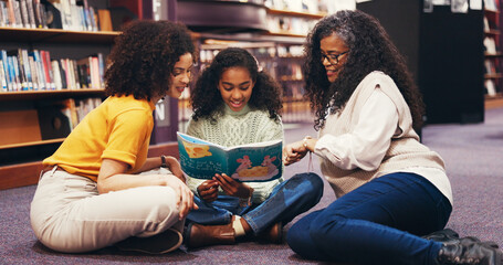 Grandma, mother and child reading in library with novel for bonding together, growth or...