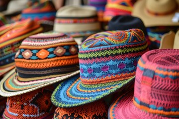Brightly colored, knitted hats with traditional south american patterns are displayed for sale at a market