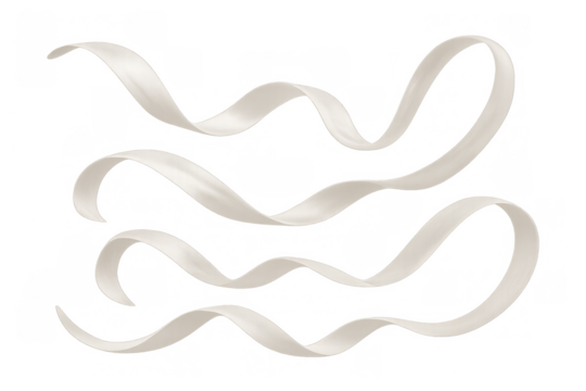 Flowing white satin ribbon element creating elegant wavy swirl shapes, decorative design on transparent background