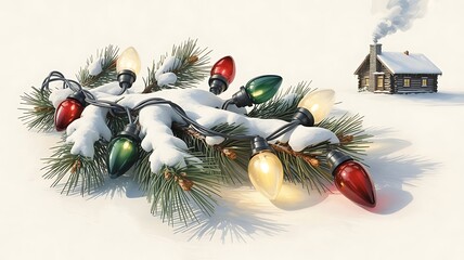 Christmas lights and snow on pine needles isolated on white background