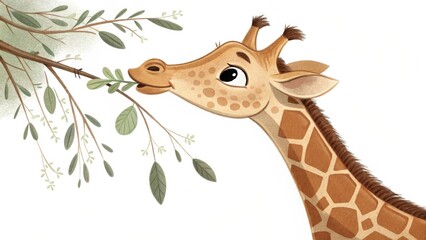 Cute giraffe eating leaves from a tree branch