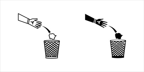 hand-throwing-trash-into-bin-icon set. A clean black-and-white icon depicting a hand throwing a crumpled paper into a waste bin. Simple, minimalistic, and perfect for recycling, waste management, 