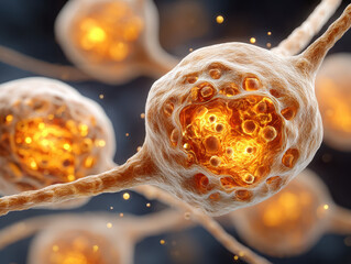Close-up view of interconnected glowing nerve cells or neurons with detailed internal structures illuminated in warm golden colors against a blurred dark background