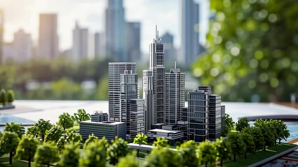 A detailed architectural model of a modern city skyline surrounded by trees and greenery displayed outdoors with soft sunlight and urban scenery
