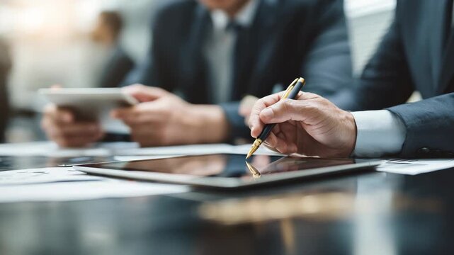 Business meeting with professionals discussing strategy and taking notes using tablet and documents