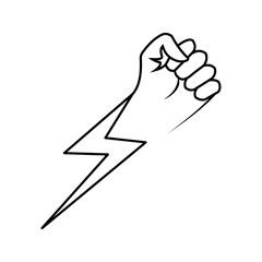 power-fist-lightning-icon Black outline icon of a raised fist combined with a lightning bolt, symbolizing strength, energy, power, determination, resistance, motivation, and impactful action.