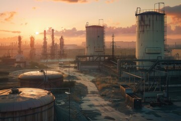 Obraz premium Industrial landscape showing an oil refinery plant at sunset with storage tanks, pipelines, and distillation towers