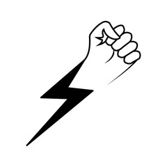 power-fist-lightning-icon Black outline icon of a raised fist combined with a lightning bolt, symbolizing strength, energy, power, determination, resistance, motivation, and impactful action.