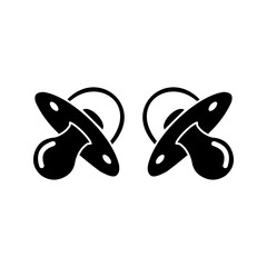 baby-pacifier-twins-icon  Black silhouette icon of two baby pacifiers side by side, symbolizing newborn care, baby accessories, infant comfort, twins, parenting, and childcare essentials.