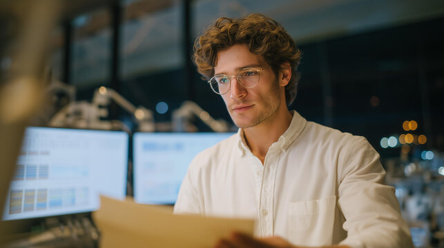 A researcher standing in a quiet laboratory after hours, reviewing data charts on large screens while scientific equipment hums softly around them — late-night dedication to scientific discovery,