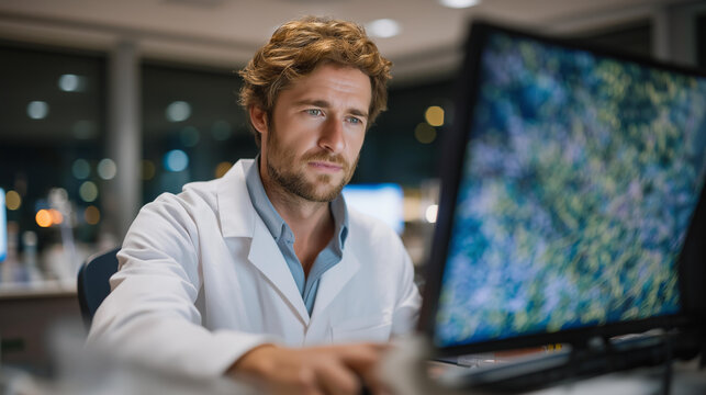 A scientist in a high-tech lab scanning samples with a futuristic handheld analyzer, glowing screens visualizing molecular data — laboratory innovation, scientific research technology, and