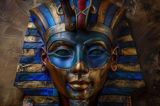 Golden and blue artistic representation of the mask of tutankhamun, the egyptian pharaoh of the 18th dynasty