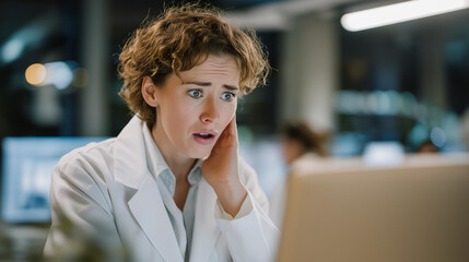 A scientist in a modern lab reacting emotionally to unexpected breakthrough data on a glowing monitor, colleagues gathering around in excitement — innovation emotion, scientific discovery, and