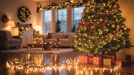 Cozy living room decorated with christmas tree and lights for holiday season
