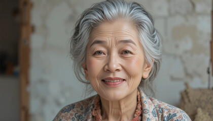 Beautiful elderly woman with gray hair smiling warmly, celebrating the beauty of age and wisdom