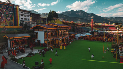 Aerial view of Global Peace Prayer Festival where monks from all over the world came to pray for peace, Thimphu, Thimphu, Bhutan.