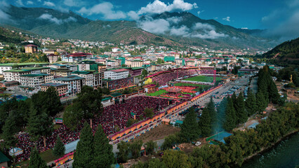 Aerial view of Global Peace Prayer Festival where monks from all over the world came to pray for peace, Thimphu, Thimphu, Bhutan.