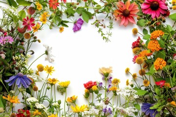 Wildflowers of various colors creating a beautiful frame on a white background, offering copy space for text or design