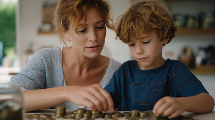 A grandparent skipping personal expenses to help pay for a grandchild’s education, counting coins at the kitchen table with quiet determination — generational sacrifice, love, and family