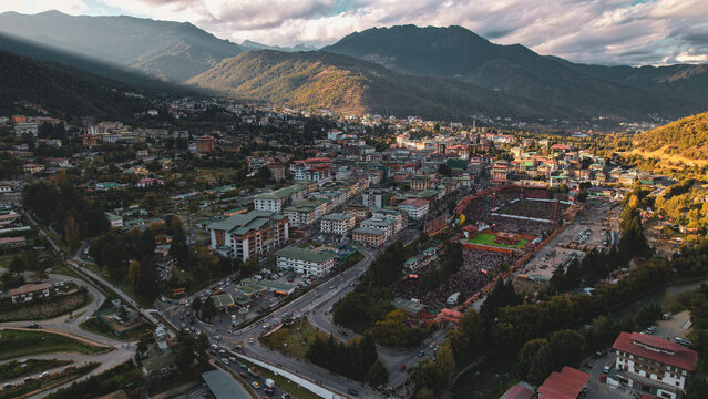 Aerial view of Global Peace Prayer Festival where monks from all over the world came to pray for peace, Thimphu, Thimphu, Bhutan.