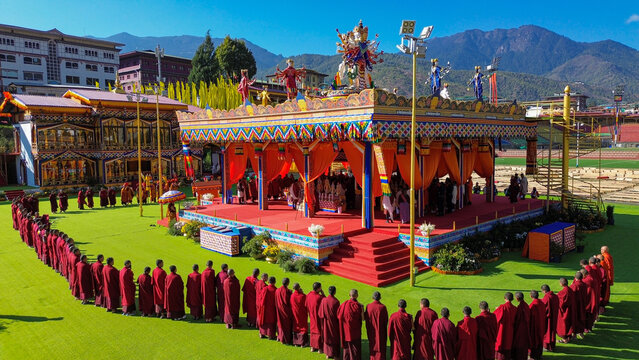 Aerial view of Global Peace Prayer Festival where monks from all over the world came to pray for peace, Thimphu, Thimphu, Bhutan.