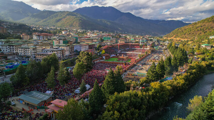 Aerial view of Global Peace Prayer Festival where monks from all over the world came to pray for peace, Thimphu, Thimphu, Bhutan.