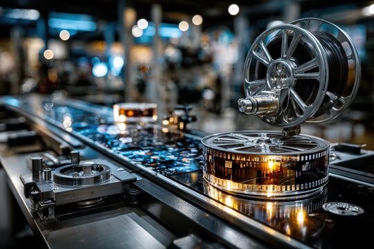 Film reel and projector in an indoor exhibit showcasing cinematic history and technology